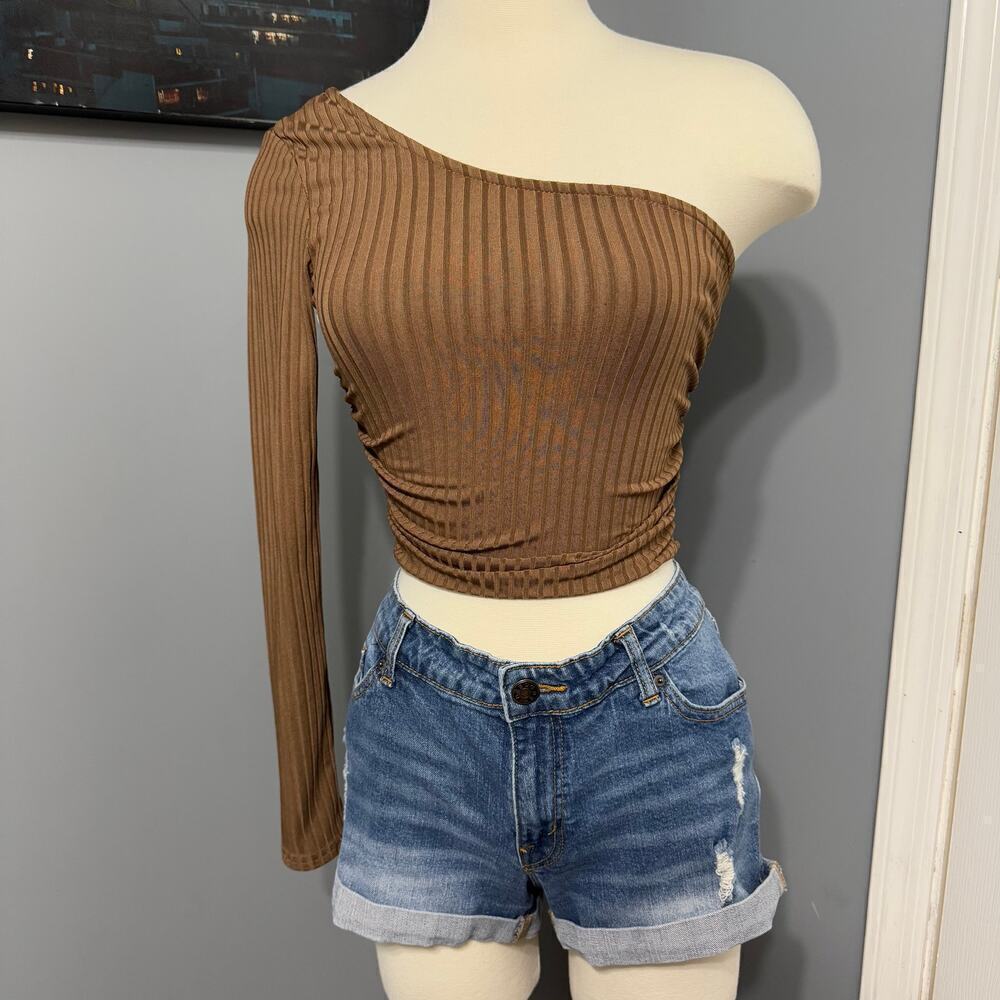 Better Be Woman’s One Shoulder Form Ribbed Fitted Crop Top, Brown, Small